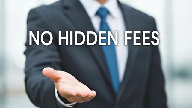Businessman pointing finger white text NO HIDDEN FEES transparent background suit blue tie