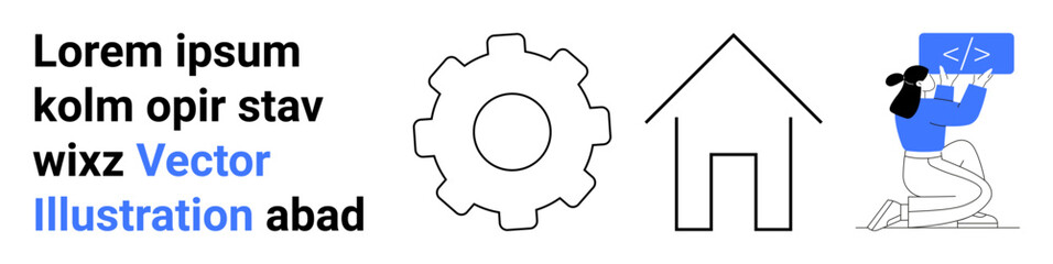 Technology, coding, engineering, home design, placeholder text, creativity display. Gear and house outline next to a person holding a programming screen. Technology and coding concept © robu_s