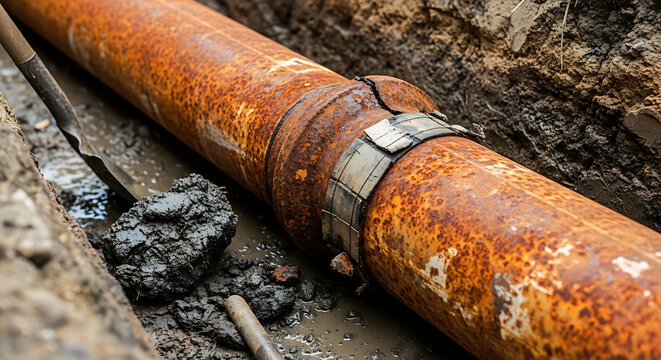Damaged ancient metallic sewage pipeline buried deep inside muddy earthen trench displaying heavy orange rust corrosion leaking joint and maintenance excavation site for underground utility repair