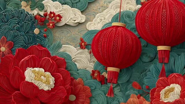 Chinese lunar new year holiday celebration. Spring festival tradition. Chunjie. Asia. A detailed paper quilling artwork featuring red and white flowers and decorative elements.