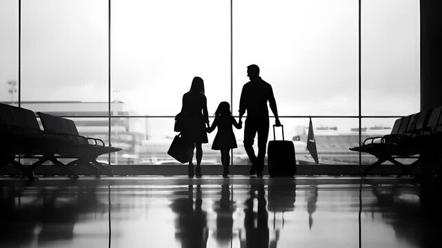 A silhouette of a man and a woman standing in front of a large window in an airport terminal. The man and woman are captured in a side profile.