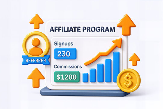Colorful 3D illustration of an affiliate program showcasing signups and commissions.