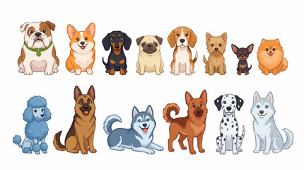 Fototapeta premium Row of cute cartoon dogs in varied breeds - a bright vector illustration for kids' decor, greeting cards, and dog lovers.