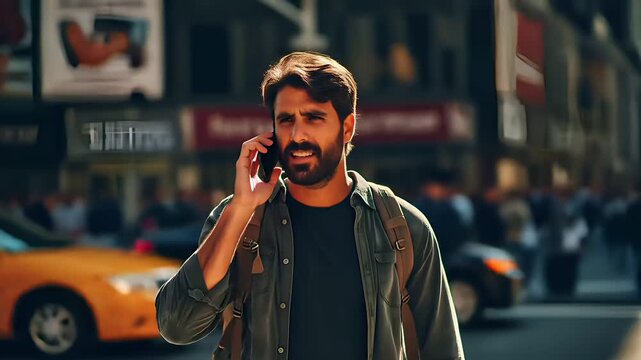 A man with a backpack on a city street, talking on a mobile phone.