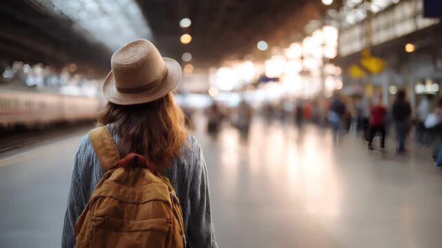 A woman with a straw hat and backpack stands in a train station, her back to the camera. The scene is bathed in a warm, golden light, suggesting either early morning or late afternoon.