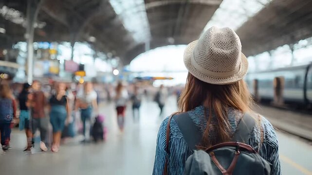 A woman with a straw hat and backpack stands at a train station, her back to the camera, looking out over the platform. She is wearing a striped shirt and has a backpack on.