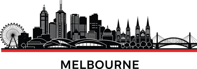 Naklejka premium Detailed Melbourne city skyline silhouette with St. Paul's Cathedral and Flinders Street Station for Australia travel and urban branding vector
