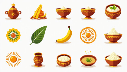 Pongal Festival Flat Icon Set Vector Illustration