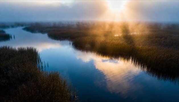 Drone fly through above misty freshwater marsh for world wetlands day