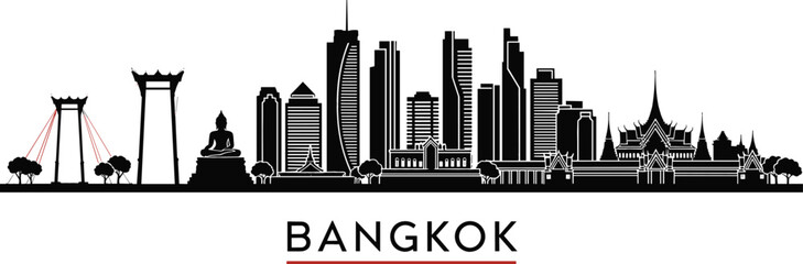 Fototapeta premium Detailed Bangkok city skyline silhouette with Grand Palace, Giant Swing, and modern skyscrapers for Thailand travel and urban branding vector