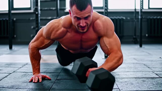 Muscular man performing dumbbell incline push-ups in a gym
