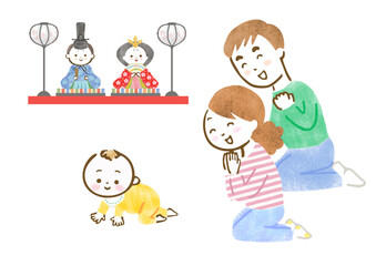 雛人形を飾って初節句を喜ぶ両親と赤ちゃんのイラスト