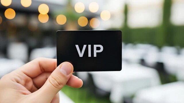 Hand holding black VIP access card with white text in bokeh background of outdoor event or venue showing exclusivity and privilege
