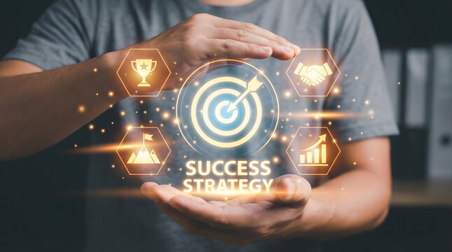 Businessman showcasing effective success strategy with target and icons