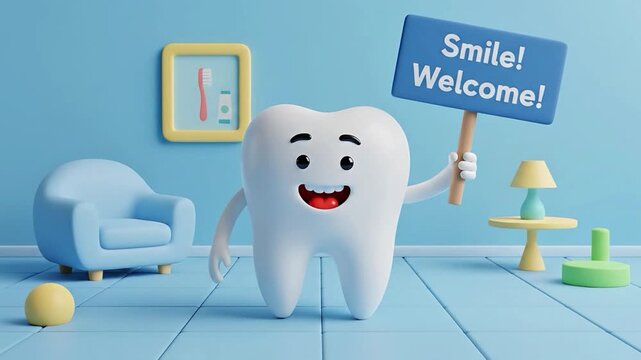 Happy cartoon tooth character holding a welcome sign in a bright dental clinic waiting room with a small chair and toothbrush