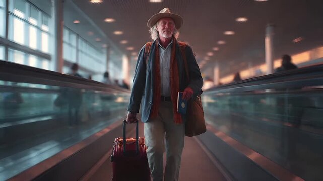 A vivid portrayal of an elderly man in an airport terminal, captured in a cinematic style. The man is dressed in a rugged, earthtoned ensemble, consisting of a hat, a jacket, and a scarf.