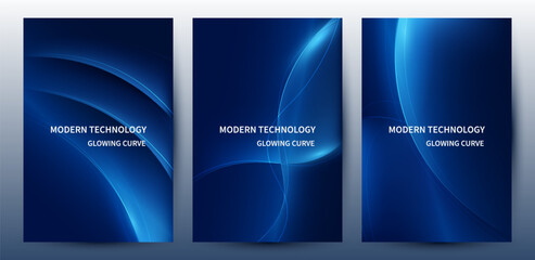 Fototapeta premium Abstract Blue Curve Technology Poster and Cover Template Set with Glowing Lines
