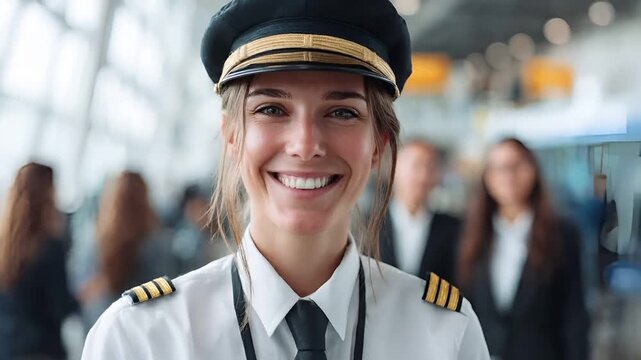 A closeup of a woman in a pilots uniform, standing in an airport terminal. She is wearing a captains hat with a gold band and a white shirt with a black tie.