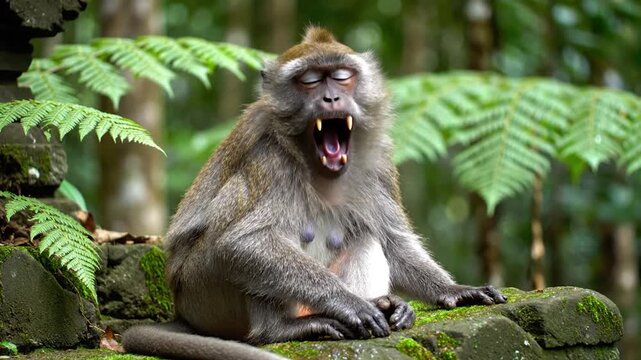 Primate with mouth open, sitting on mossy stone with ferns