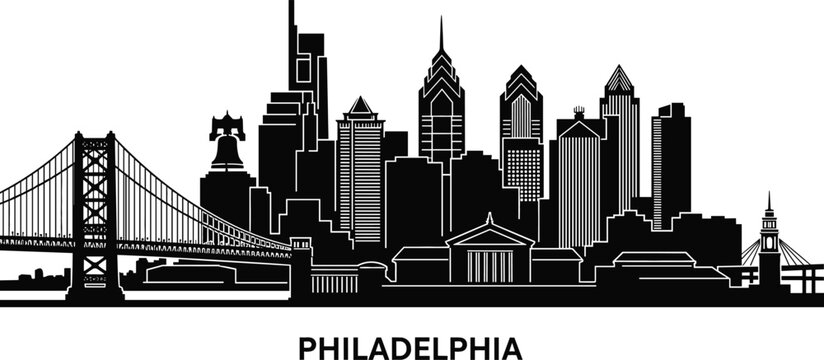 Black silhouette of Philadelphia Pennsylvania skyline featuring Liberty Bell Benjamin Franklin Bridge and city museum landmarks vector illustration