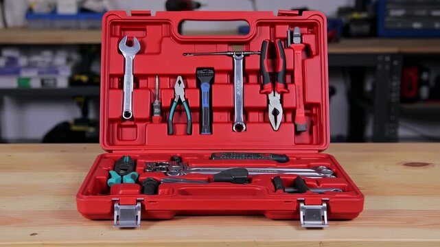 Red toolbox filled with various hand tools