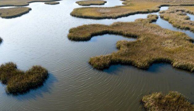 Top down aerial view of wetland water geometry and vegetation for world wetlands day