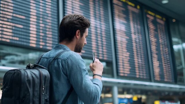 A man with a backpack and a mobile phone in an indoor setting, possibly an airport terminal. He is wearing a denim jacket and appears to be engrossed in his phone conversation.