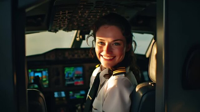 A closeup of a woman in a pilots uniform, smiling at the camera. She is wearing a white uniform with gold and black stripes, and her hair is pulled back into a ponytail.