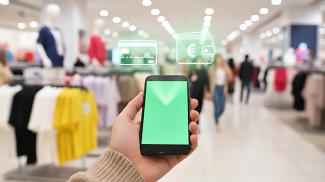 Mobile payment in retail store with credit card and euro wallet overlay on smartphone screen showing online shopping transaction