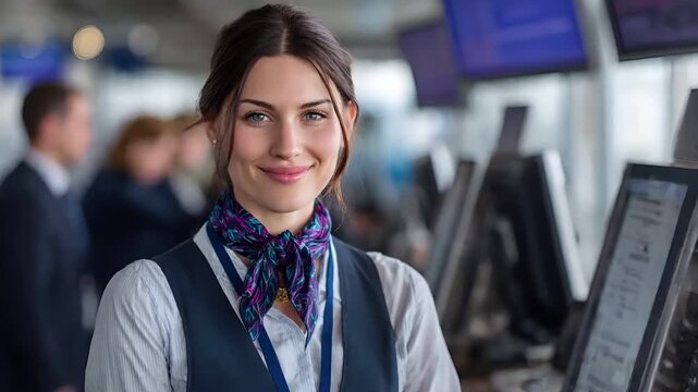 A woman in a blue vest and patterned scarf is smiling at the camera. She is wearing a white shirt and has a blue and purple scarf around her neck.