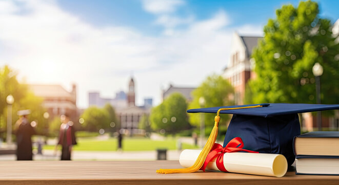A graduation cap and diploma on a wooden table with a university campus in the background.