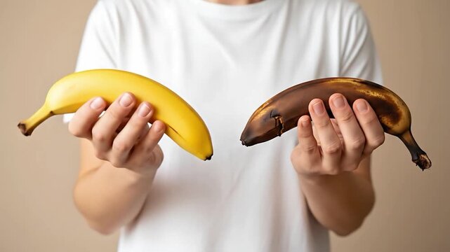 Person holding a ripe yellow banana and an overripe brown banana side by side showing contrast and decay concept