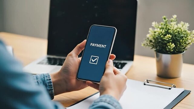 Person holding smartphone with payment successful notification on screen digital transaction confirmation online banking mobile app success