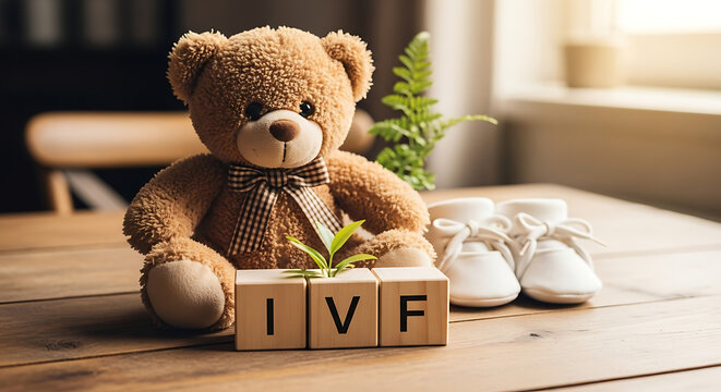 Charming plush teddy bear wooden alphabet block spelling IVF show hope and fertility during an assisted reproduction journey for family planning, parenthood dream, and medical conception.