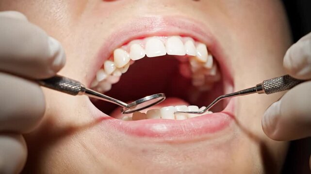 Dental checkup with mirror and pick.