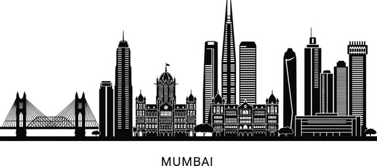 Detailed Mumbai city skyline silhouette with Gateway of India, Bandra-Worli Sea Link, and historic landmarks for India travel and urban branding vector © NURUL