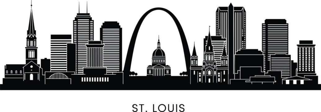 Detailed St. Louis city skyline silhouette with Gateway Arch and historic landmarks for Missouri travel and urban branding vector