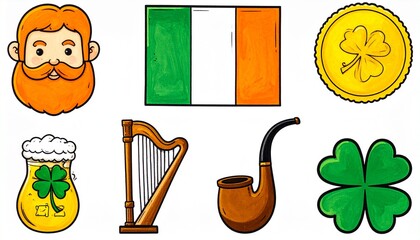 Collection of Irish Symbols and Icons for St. Patricks Day Celebration.