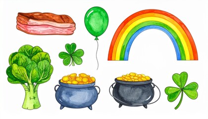 St Patricks Day Symbols Collection with Rainbow and Pot of Gold.