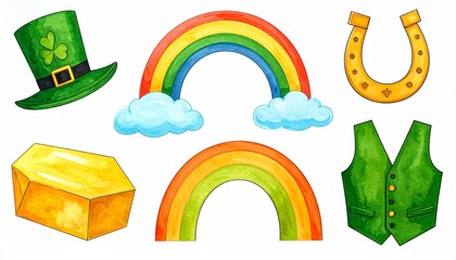 St Patricks Day Symbols Collection Watercolor Illustration.