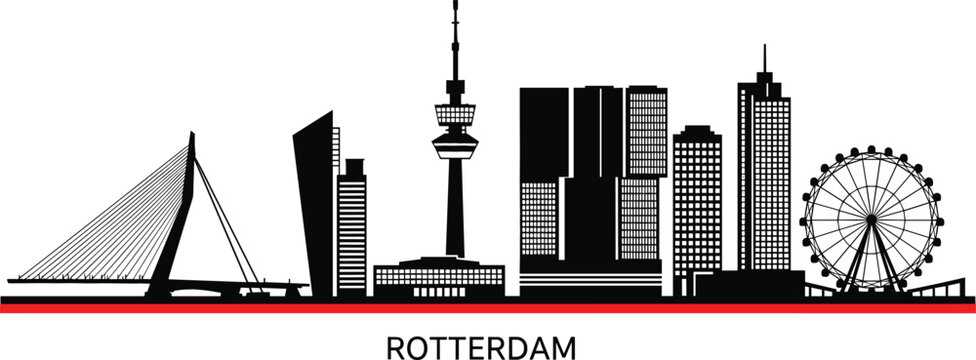 Rotterdam city skyline silhouette with Erasmus Bridge and Euromast tower for Netherlands travel and urban branding vector