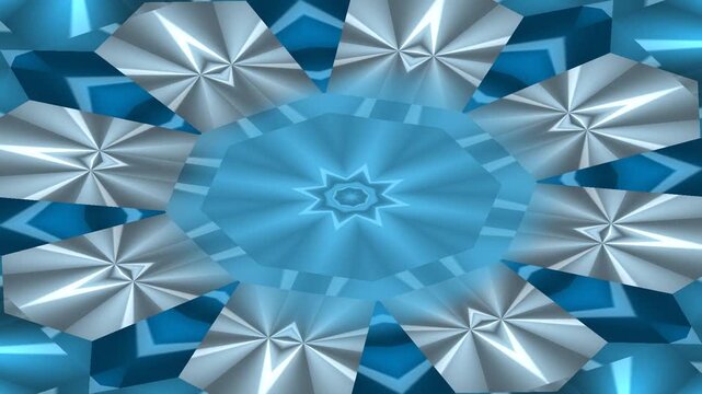 A mesmerizing abstract kaleidoscope pattern featuring intricate geometric shapes in cool blue and metallic silver tones, creating a symmetrical and reflective design.