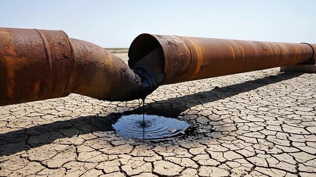 Rusty oil pipeline leaking crude oil onto cracked dry earth environmental pollution disaster energy industry crisis