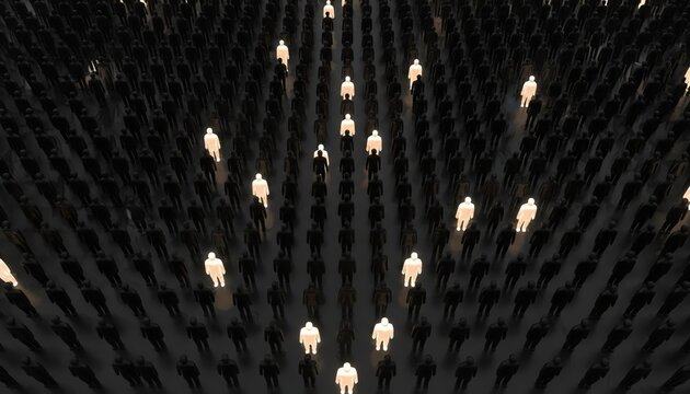Glowing figures emerge from the vast dark human crowd