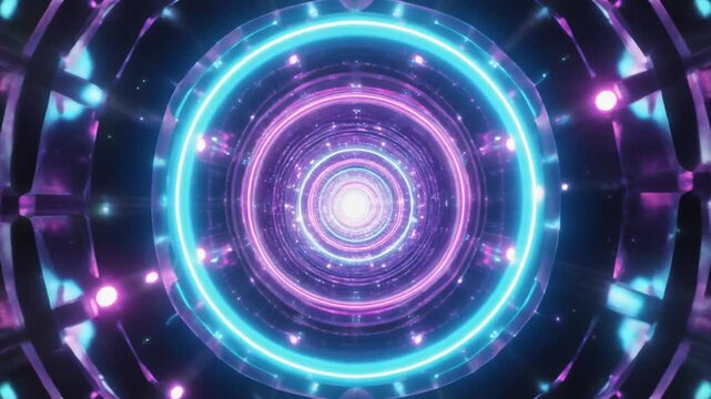 Abstract Neon Light Tunnel with Shimmering Particles and Concentric Rings