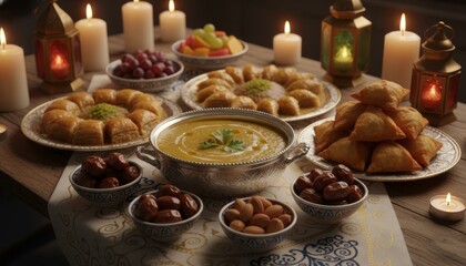 Ramadan Iftar Feast Table Setting with Dates, Pastries and Soup