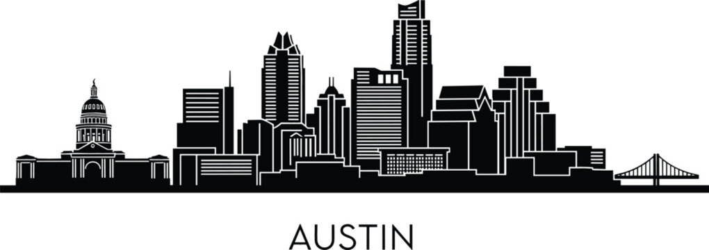 Black silhouette of Austin Texas skyline featuring the State Capitol Frost Bank Tower and downtown landmarks vector illustration
