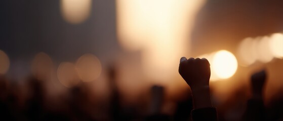 Peaceful protest crowd with raised fists at sunset, human rights movement, cinematic atmosphere