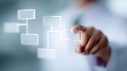 Doctor planning medical workflow with digital flowchart interface, healthcare process management concept