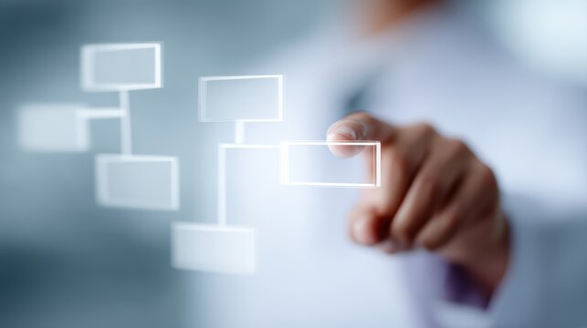 Doctor planning medical workflow with digital flowchart interface, healthcare process management concept